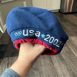 Vintage 2002 USA Olympics beret blue red fleece cinch Roots
